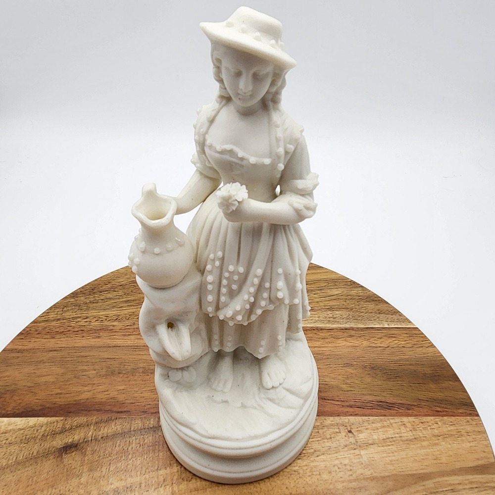 VTG White Bisque Porcelain Barefoot Milk Maid Figurine Pitcher Girl 8.5" Flowers